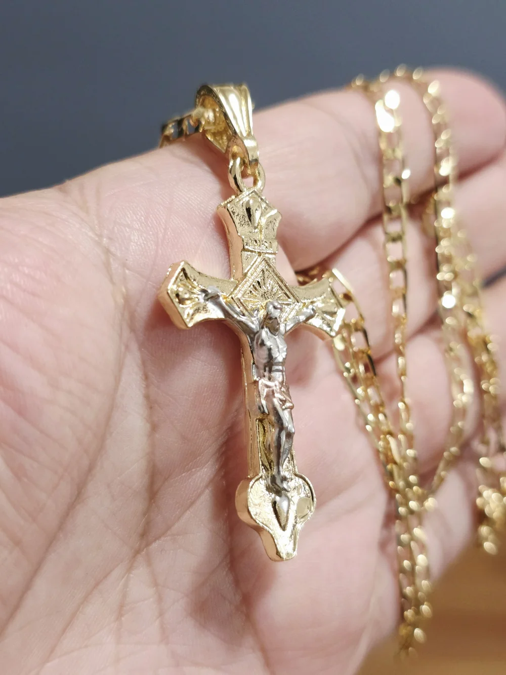 Two-Tone Gold Crucifix Pendant Necklace for Men - Gold and Silver Accent